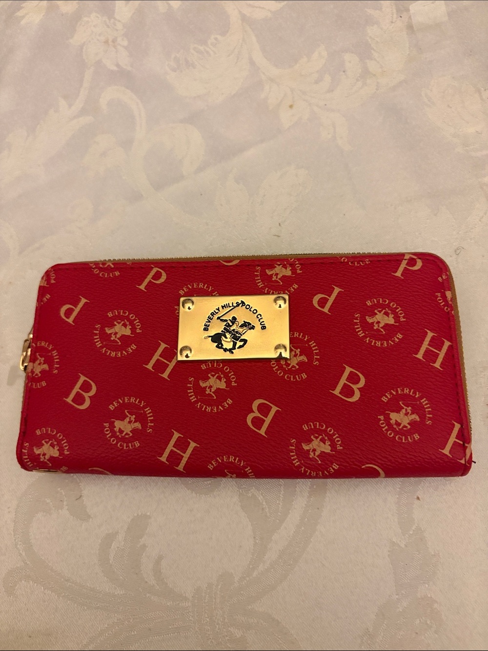 Beverly Hills Polo Club Red Logo Zip Wallet with Gold Plate